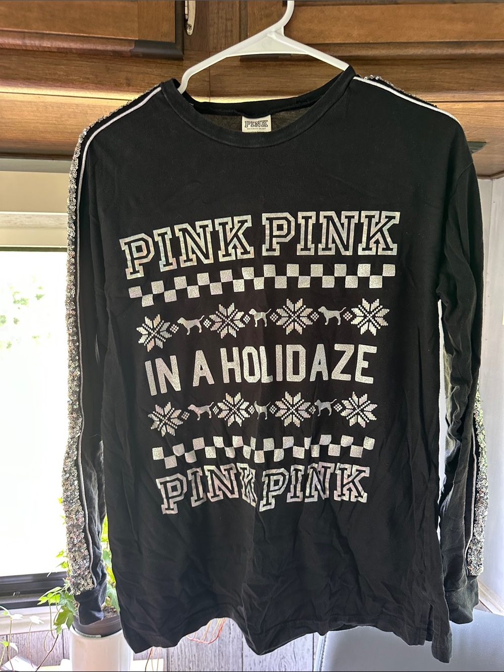PINK Victoria's Secret Black Holiday Long-Sleeve Top with Silver Glitter Accents